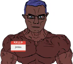 chudjak, a10 eyes, aryan beast, brown skin, buff, glasses, purple hair, white background, jimbo