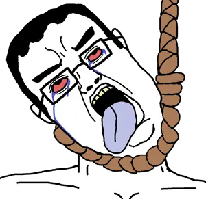 a24 slowburn soyjak, chudjak, a24 slowburn chudjak, ack, bloodshot eyes, crying, hair, hanging, noose, rope