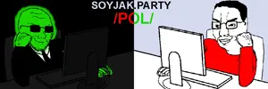 chudjak, soyak, /pol/ (soyjak.party), clothes, dark, glowing, green skin, politics, red shirt, smug