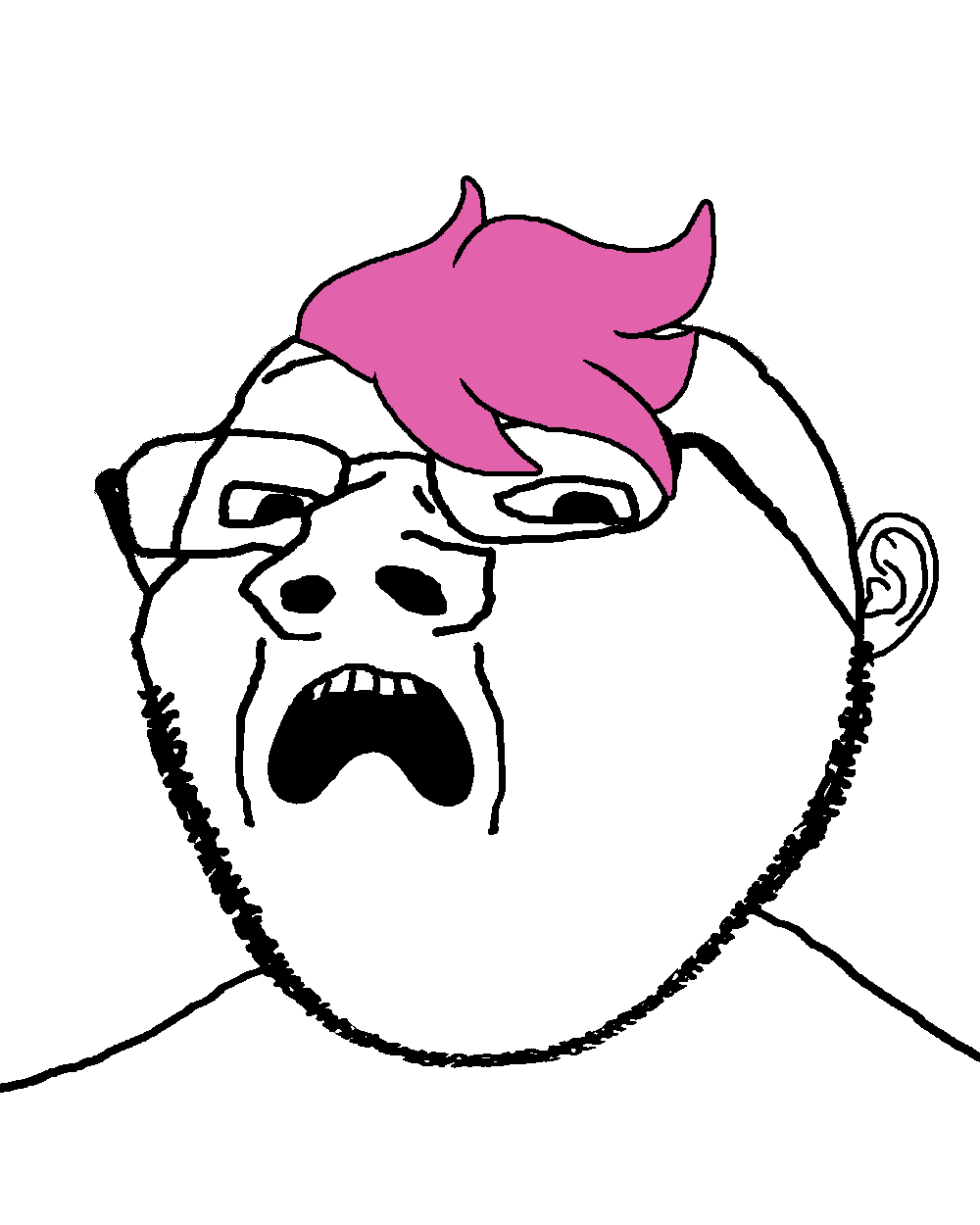 gapejak, jeremiah, 1soyjak, black eyes, ear, glasses, hair, looking at you, open mouth, pink hair