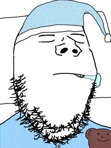gapejak, closed eyes, clothes, drawn background, drool, hat, nightcap, pillow, sleeping, soyjak