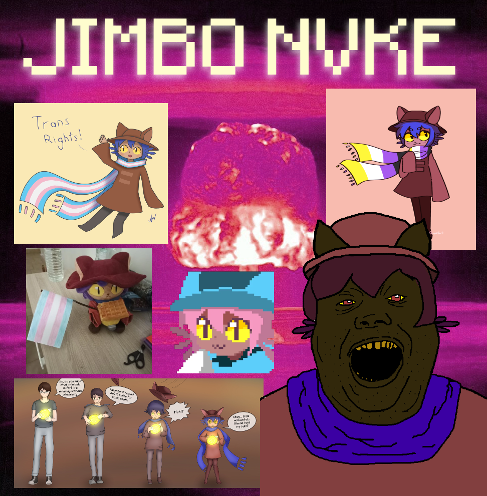 conservativewaluigi, niko (oneshot), alicia, black skin, brown skin, explosion, namefag drama, non-binary, nuclear, open mouth