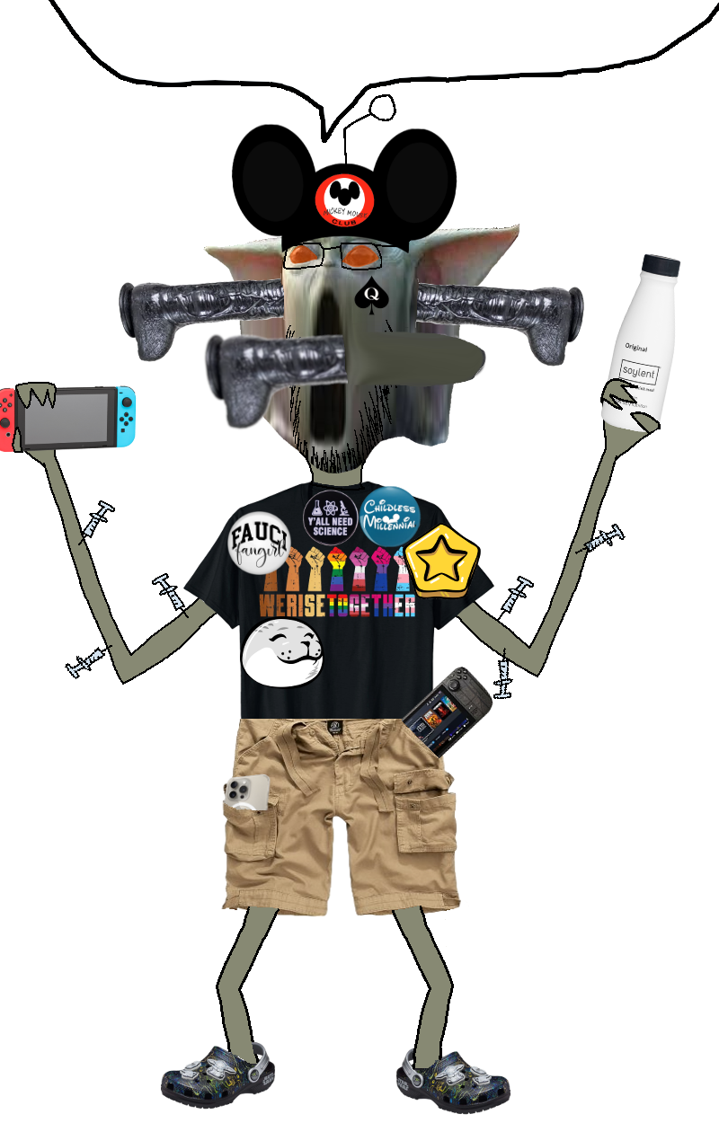 mickey mouse, unknown, baby yoda, black lives matter, black shirt, blowjob, cargo shorts, console, crocs, dildo