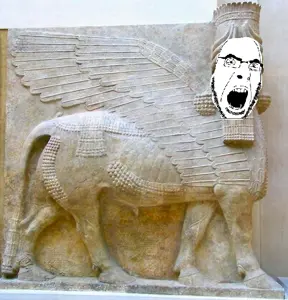 cobson, ancient, assyria, glasses, irl background, lamassu, open mouth, soyjak, statue, stubble