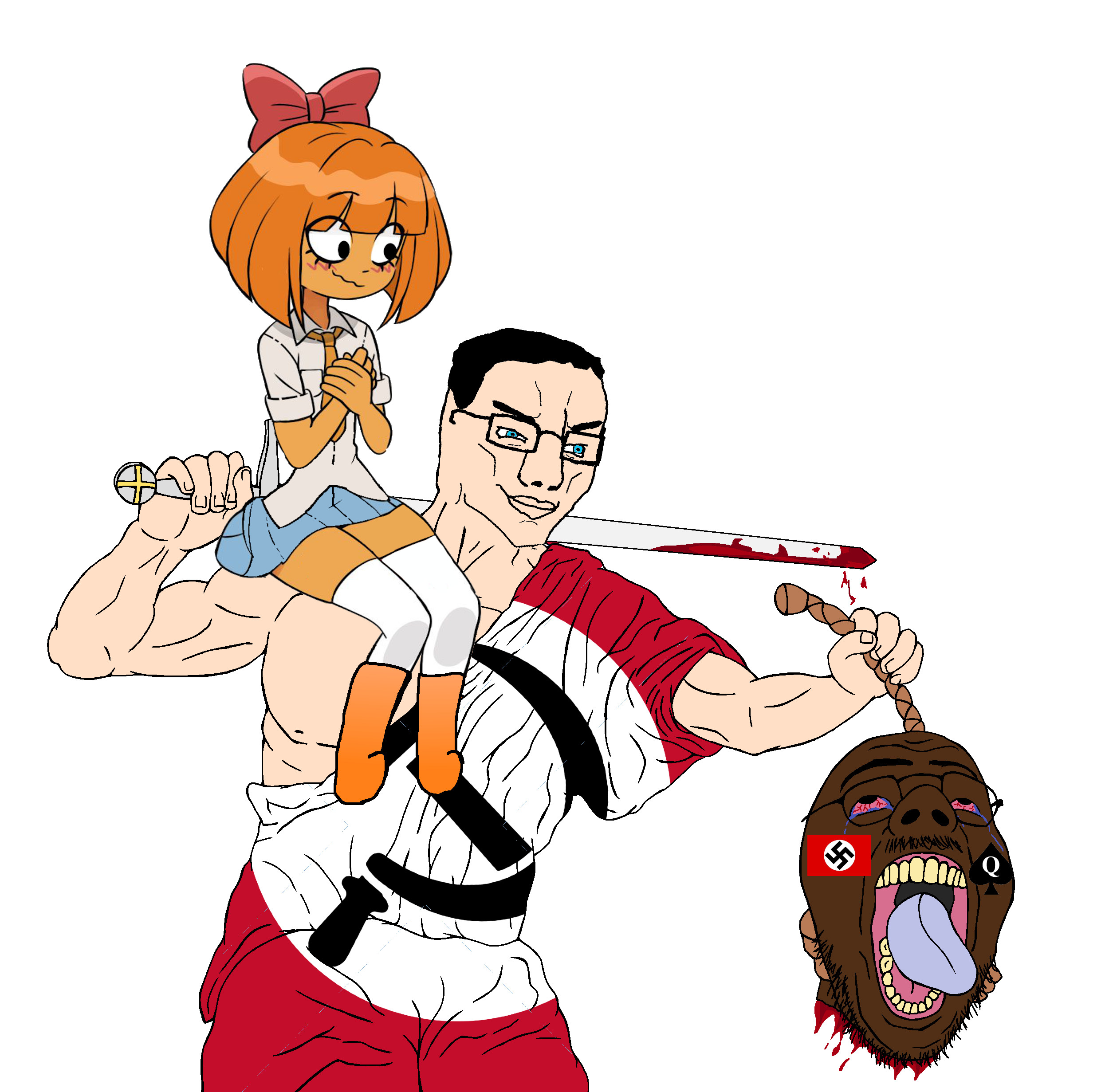 mymy schoppenboer, chudjak, isaac, beheading, bloodshot eyes, blue eyes, blush, brown skin, communism, female