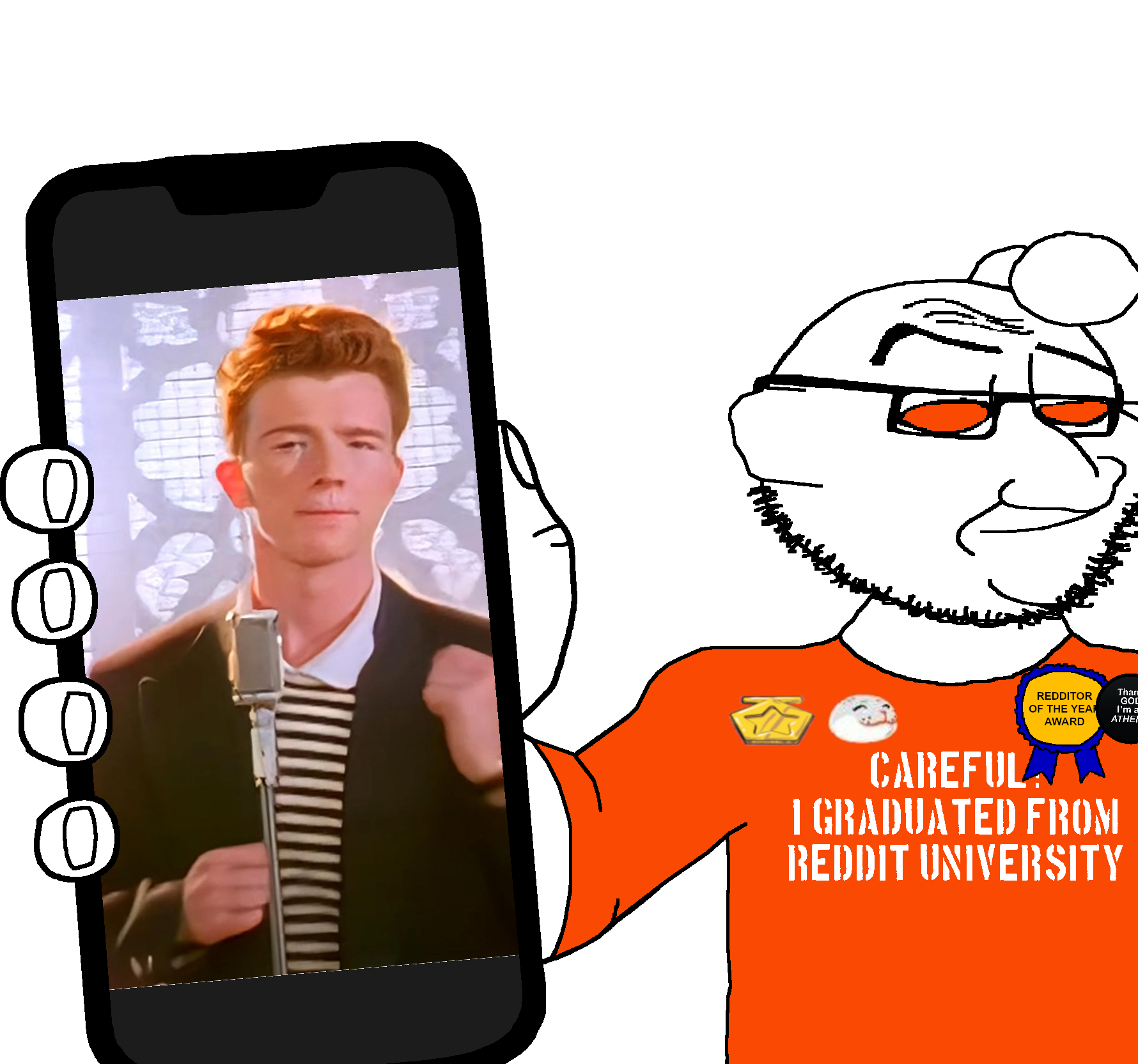 smugjak, arm, atheism, award, careful, closed mouth, forehead lines, ginger, glasses, graduate