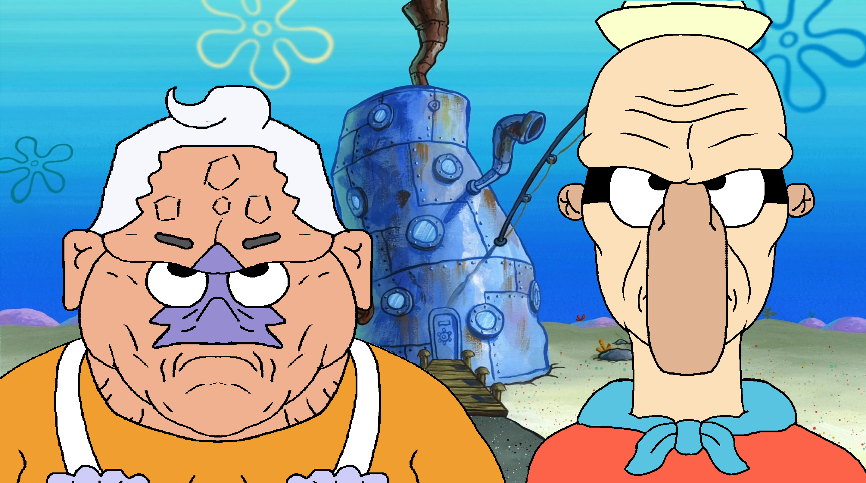 disgusting trevorcreature, scary slendertrevor, 2soyjaks, angry, ascot, background, bald, barnacle boy, beige skin, bikini bottom