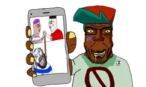 SoyBooru.com - 108068 - brown_skin clothes discord discord_logo_facial_mark drool facial_mark fnf_pedo green_hair hat holding_object holding_phone looking_at_you phone showing_phone soyjak stubble subvariant_chudplier subvariant_phoneplier.png