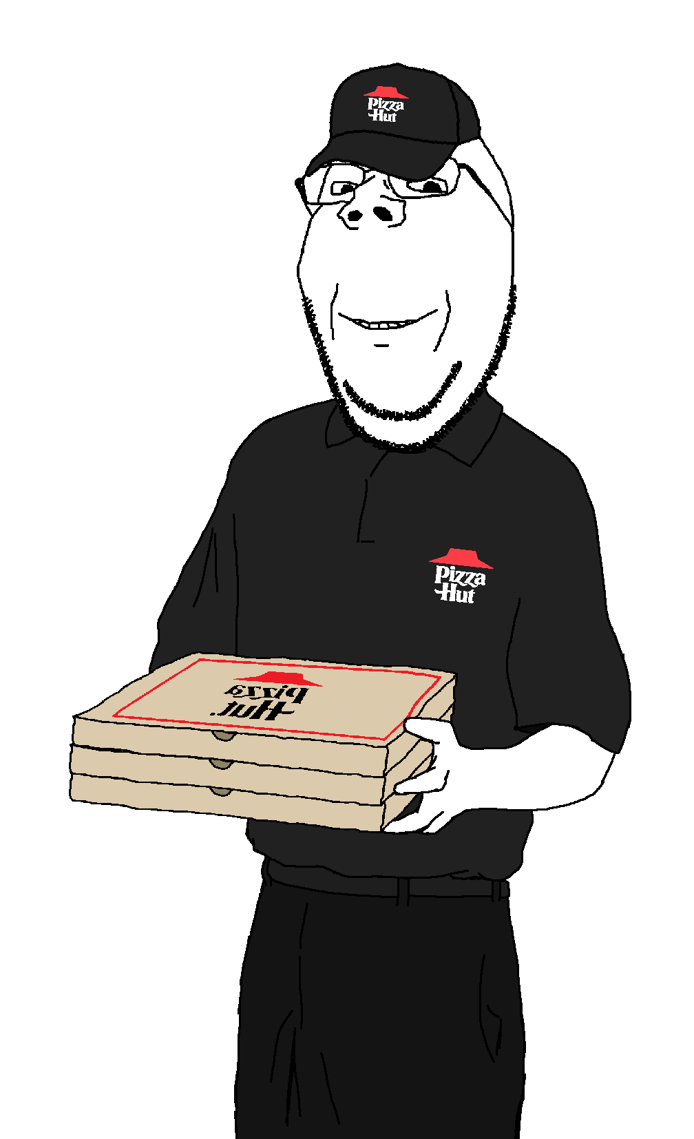 gapejak, wholesome soyjak, 1soyjak, black clothing, black pants, cap, clothes, glasses, hat, holding object