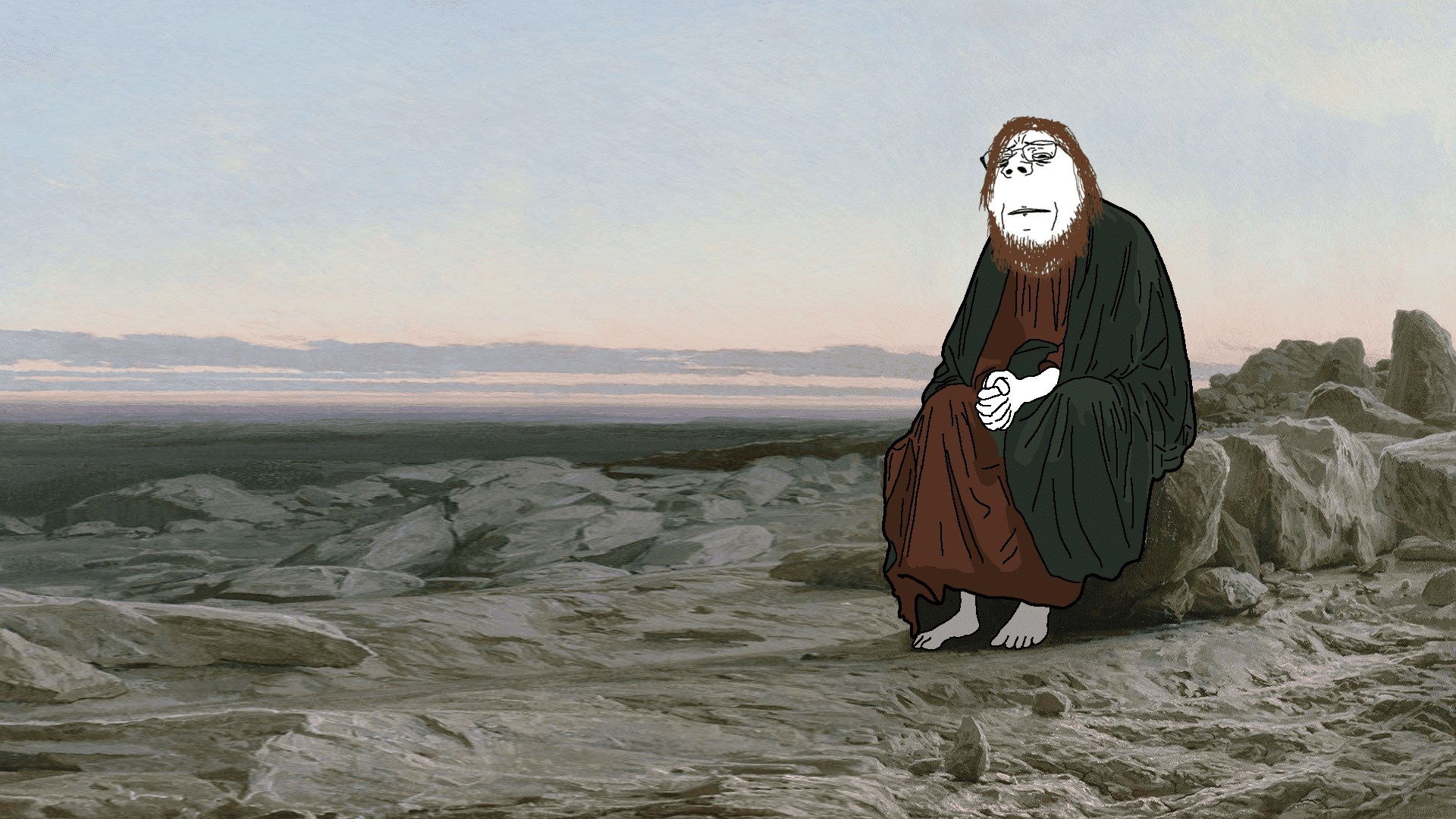 dap, gapejak, wholesome soyjak, arm, barefoot, beard, brown hair, christianity, classical art parody, closed mouth