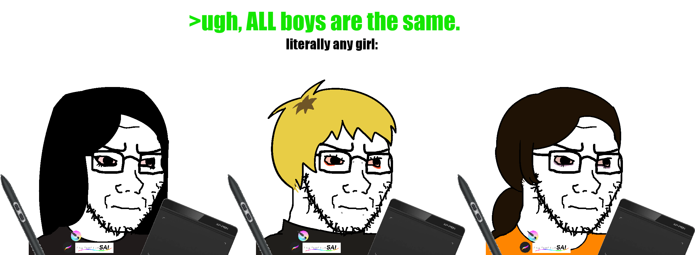 soyak, soyak (irritated), black hair, blonde hair, brown hair, eyebags, glasses, greentext, hair, impact (font)