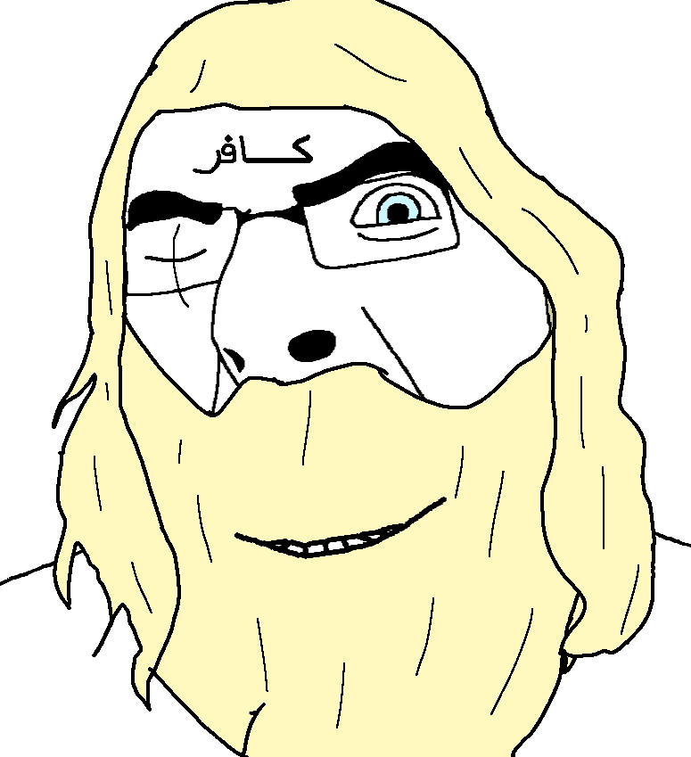 cobson, aryan, a10 eyes, allah, arabic text, beard, blonde hair, blue eyes, closed eye, dajjal