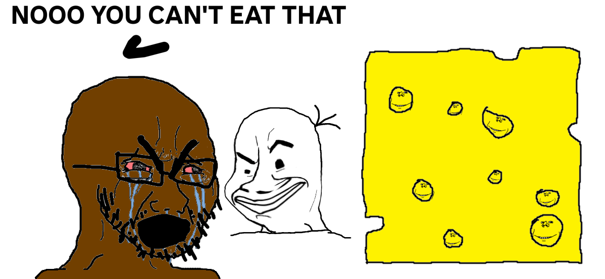 chudjak, cryboy soyjak, impish soyak ears, beady eyes, bushy eyebrows, cheese, chud, closed mouth, clothes, comic