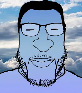 markiplier soyjak, carbjak, calm, blue background, blue skin, calm, glasses, gradient, gradient background, hair