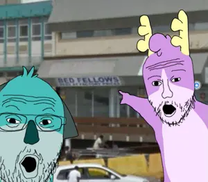 two pointing soyjaks, 2soyjaks, antler, bedfellows, blue skin, ear, glasses, irl background, pointing, purple skin
