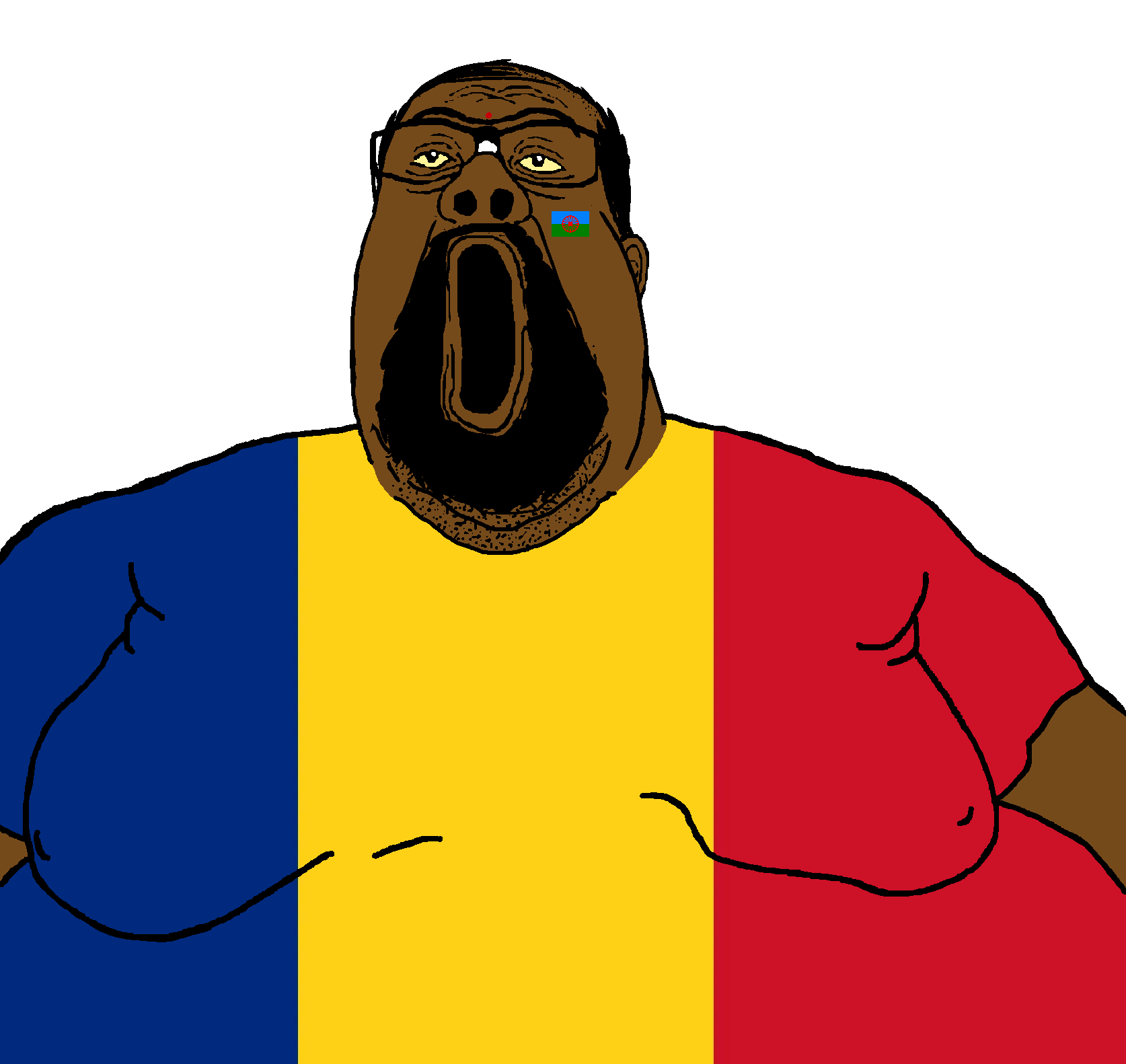 reaction soyjak, reaction fat soyjak, balding, beard, brown skin, bushy eyebrows, fat, glasses, gynaecomastia, hair