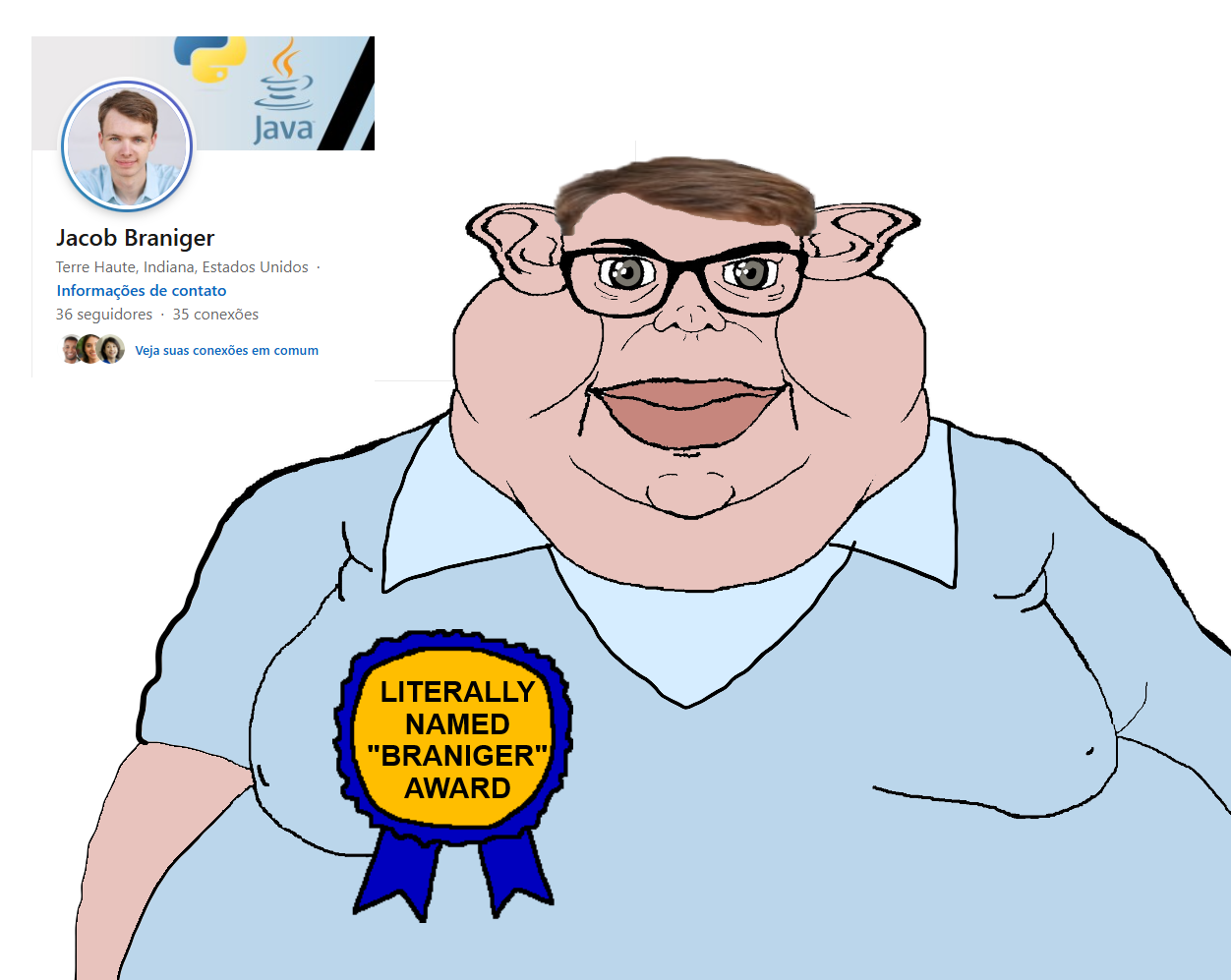 gigachad, nophono, brandon, branigger, muttverse, award, blue shirt, braniger, brown hair, closed mouth