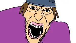 angry soyjak, angry, brown hair, cap, clothes, glasses, hair, hat, open mouth, purple shirt