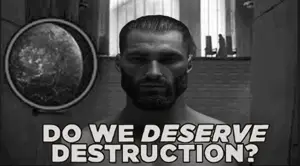 gigachad, beard, buff, do we deserve destruction, front view, hair, no glasses, shirtless, text