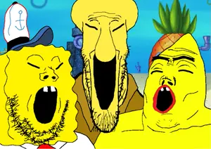 spongebob squarepants, squidward tentacles, gapejak, markiplier soyjak, tony soprano soyjak, soyjak trio, 3soyjaks, asian, cartoon, closed eyes