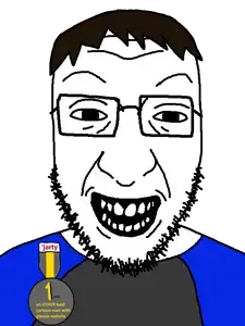 SoyBooru.com - 143468 - award badge clothes glasses nate red_shirt smile soyjak soyteen stubble teeth variant_crimjak white_skin yellow_hair.png