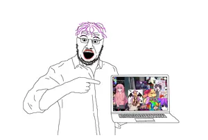pointing laptopjak, anime, anime girl, female, glasses, laptop, lips, lipstick, mustache, open mouth