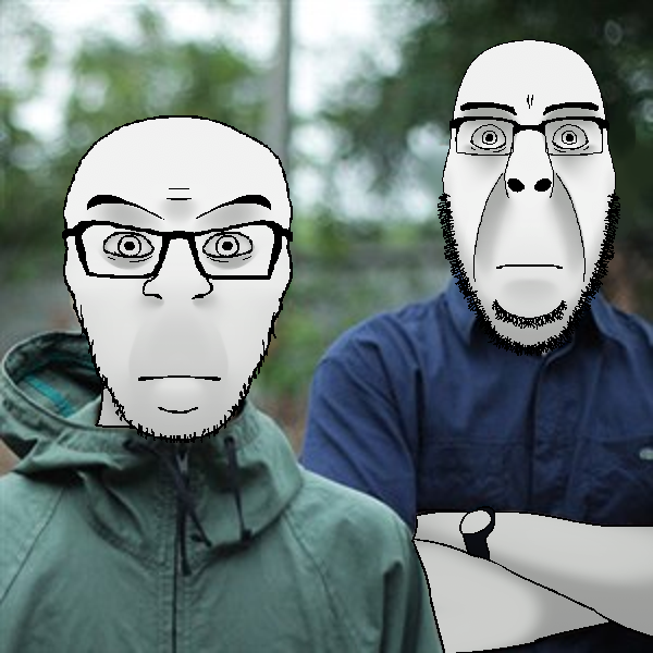 tqqt, cobson, feraljak, cobson front2, feraljak front, 2soyjaks, bald, band, crossed arms, front view