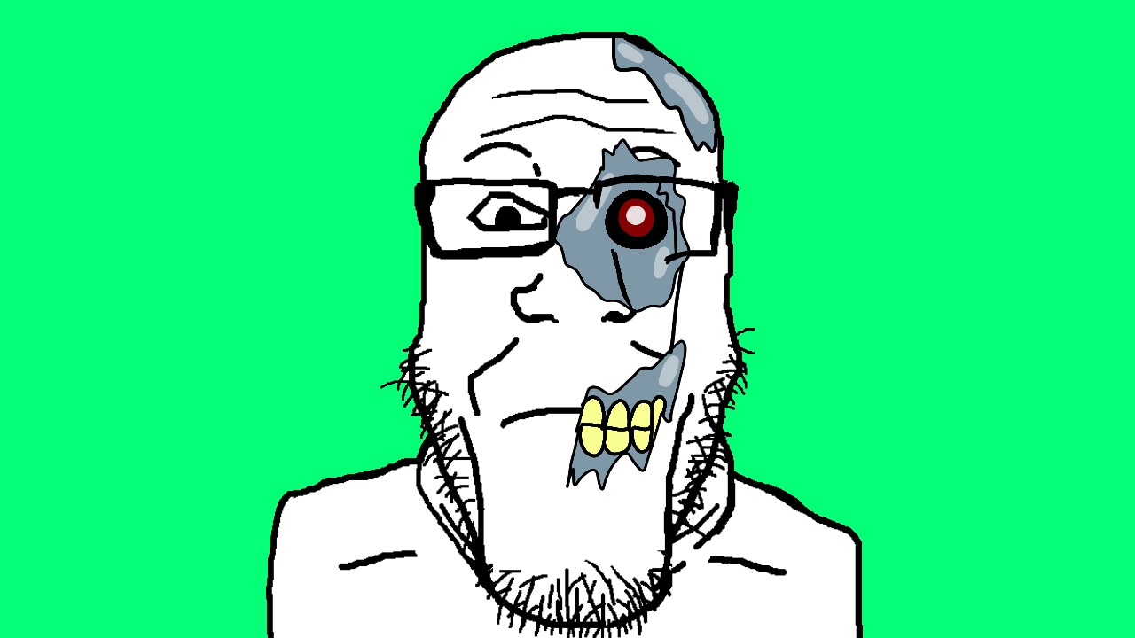 markiplier soyjak, bald, black eyes, closed mouth, damaged, eyebrows, forehead lines, front view, glasses, green background