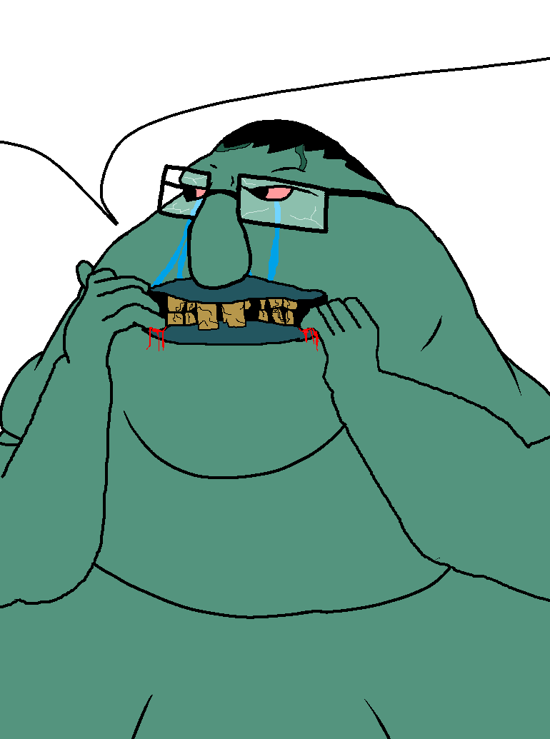 squidward tentacles, chudjak, meximutt, big-boy, morbidmutt, fusionjaks, angry, black hair, blood, bloodshot eyes