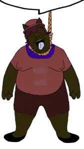 alicia, bernd, hanging troonjak, troonjak, the many faces of jimbrap, ack, blood, bloodshot eyes, brown skin, clothes