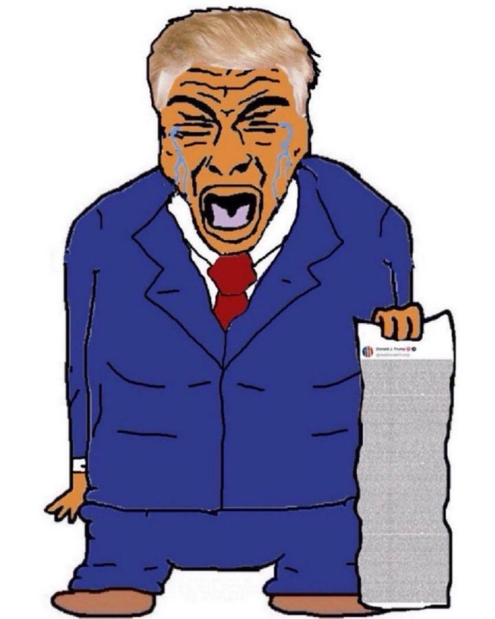 donald trump, rupturejak, full body rupturejak, showing phone, 1soyjak, arm, blonde hair, blue suit, closed eyes, clothes