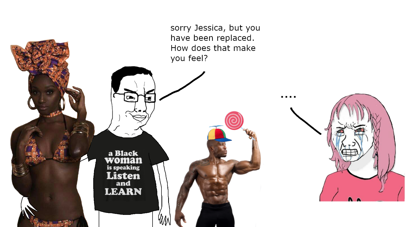 daddy's girl wojak, wojak, chudjak, a black women is speaking listen and learn, african female, black shirt, black skin, buff, candy, clothes