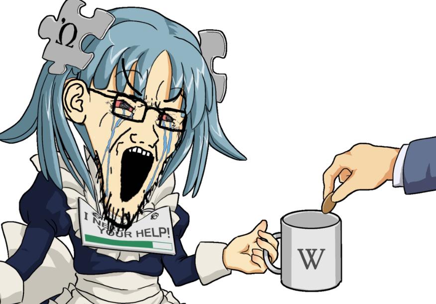 wikipe-tan, soyak, soyak (crying), angry, arm, bar, beggar, bloodshot eyes, blue hair, body