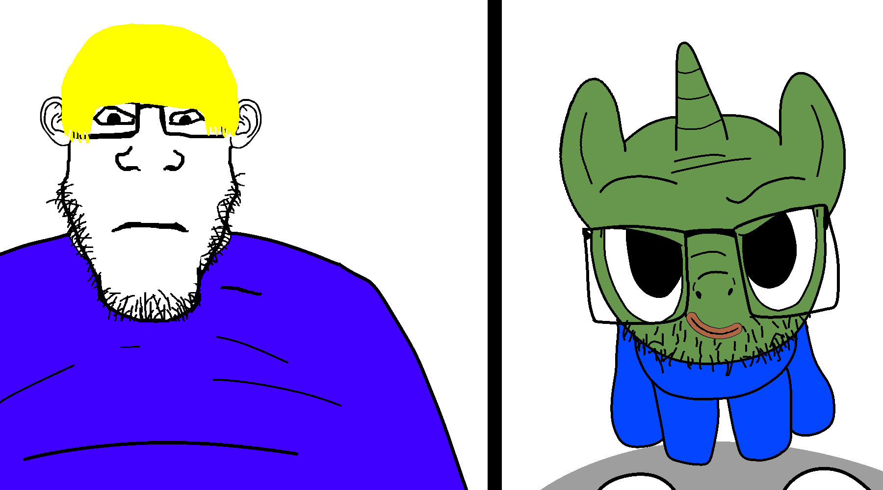 pepe, markiplier soyjak, trixiejak, neutralplier, 2soyjaks, amphibian, animal, blonde hair, closed mouth, ear