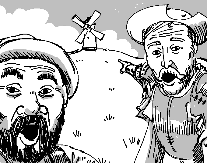 two pointing soyjaks, 2soyjaks, arm, beard, clothes, don quixote, hands, hat, monochrome, mustache