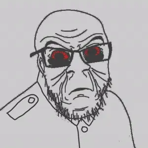feraljak, bald, beard, bloodshot eyes, closed mouth, clothes, glasses, gray background, stubble, uniform