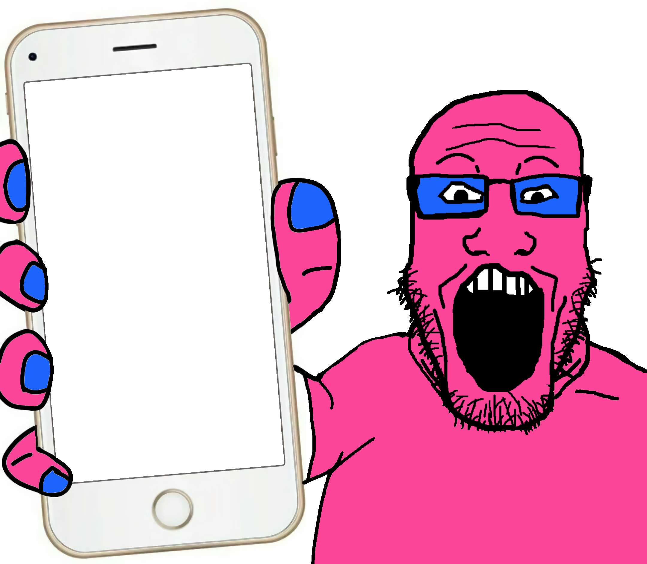 markiplier soyjak, phoneplier vertical, showing phone, apple (company), arm, beard, blue glasses, eyebrows, eyebrows up, glasses