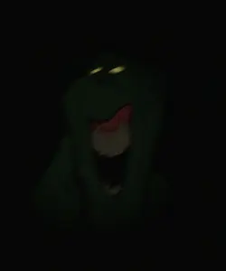 feraljak, impish soyak ears, feralrage, fusionjaks, black background, creepy, dark, ear, glowing eyes, green skin