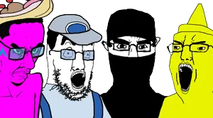 SoyBooru.com - 155360 - 4soyjaks angry chud clothes excited eyebrow_raise eyebrows glasses hair lips meta_namefags mustard_(user) open_mouth overalls quote_(user) soybooru soysneed_(user) stubble subvariant_chudjak_front s.png