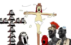 gigachad, a24 slowburn soyjak, cryboy soyjak, gapejak, black sclera, bloodshot eyes, crying, demon, facial mark, forehead mark