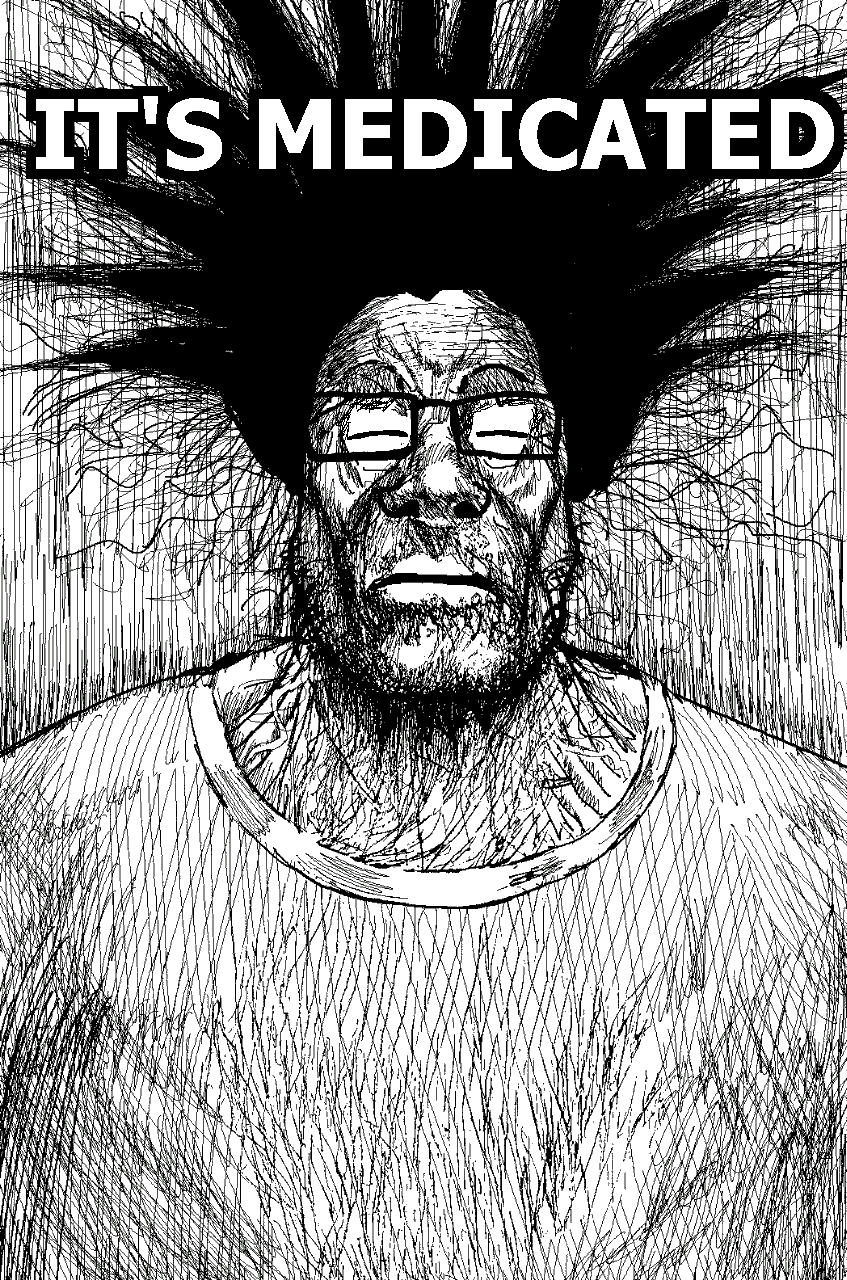 markiplier soyjak, neutralplier, schizojak, its over, black hair, closed eyes, closed mouth, clothes, english text, glasses