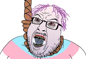 hilbert soyjak, bloodshot eyes, drool, fat, flag, foaming at the mouth, glasses, hair, pink hair, rope