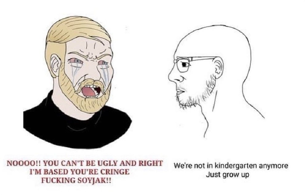 yes chad, soyak, unknown, 2soyjaks, beard, blonde hair, bloodshot eyes, chad, crying, ear
