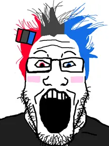 soysuba, markiplier soyjak, black shirt, blush, eyebrows, female, glasses, hair, heterochromia, looking at you