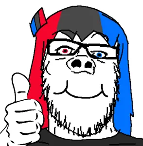 soysuba, a24 slowburn soyjak, arm, black shirt, eyebrows, female, glasses, hair, hands, heterochromia