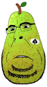 blobson, cobson, biting lip, blobson, deformed, fat, food, fruit, glasses, pear