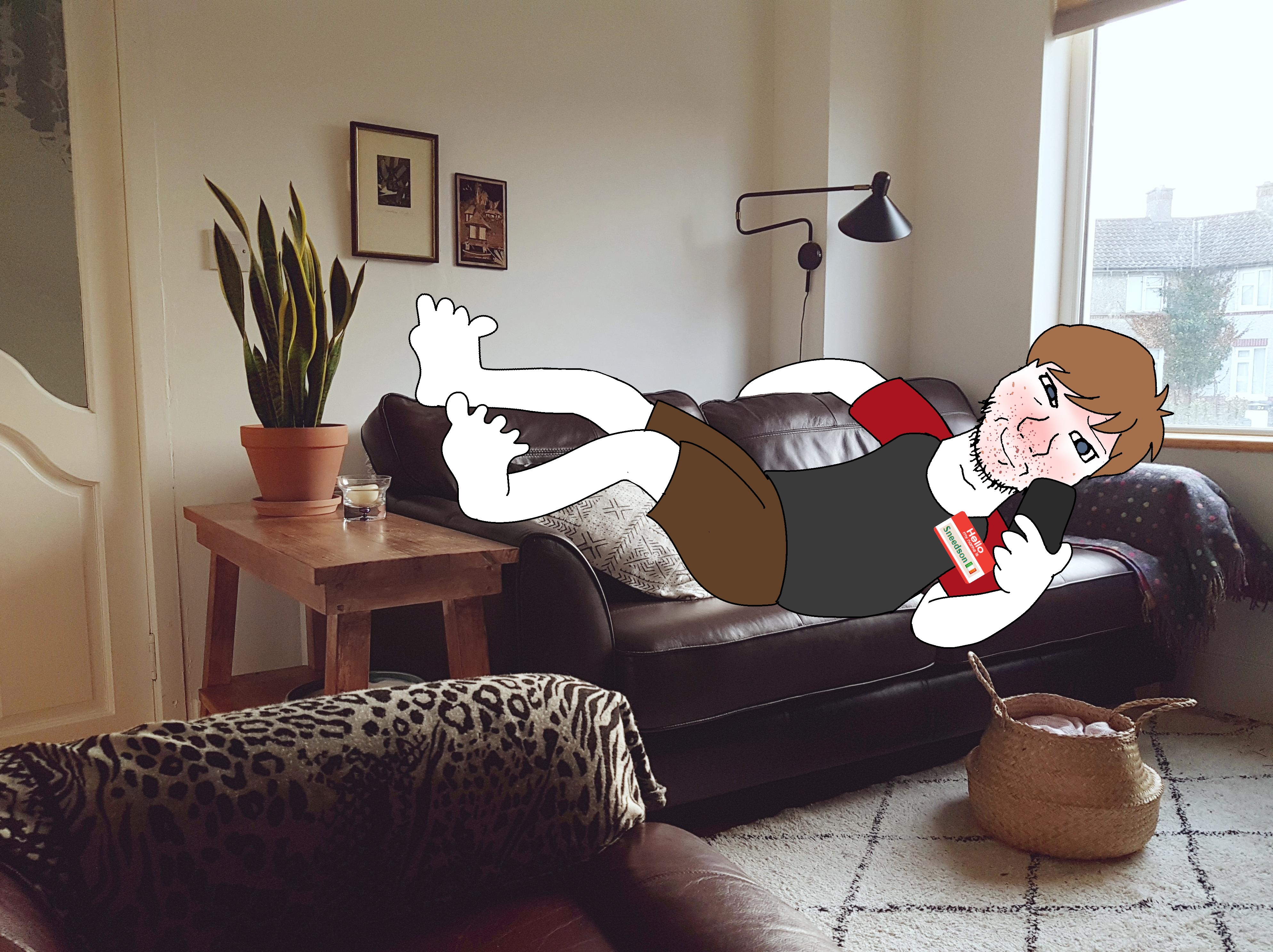soyak, soyak front, chill, closed mouth, comfy, couch, hair, holding object, irl background, living room