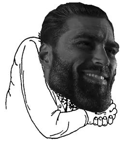 gigachad, happy merchant, beard, black hair, bushy eyebrows, clothes, ear, eyebrows, gray skin, hair