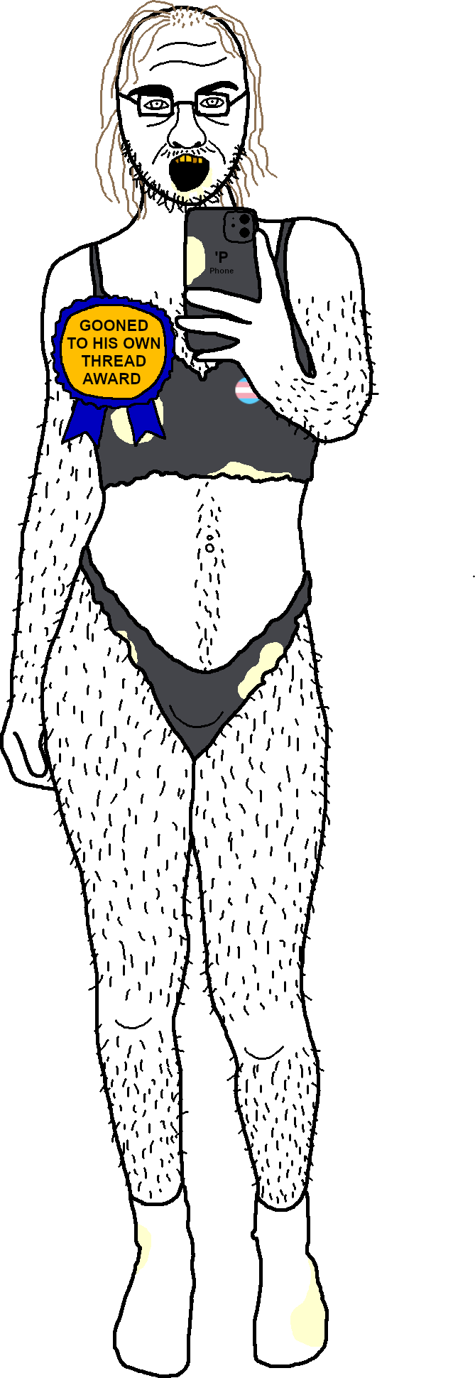 unknown, award, badge, balding, blonde hair, body hair, cum stains, flag, gaping mouth, glasses