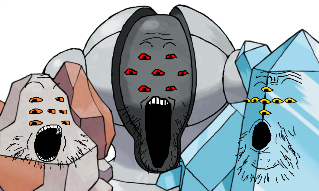 gapejak, markiplier soyjak, tony soprano soyjak, soyjak trio, 3soyjaks, anime, golem, multiple eyes, open mouth, orange sclera